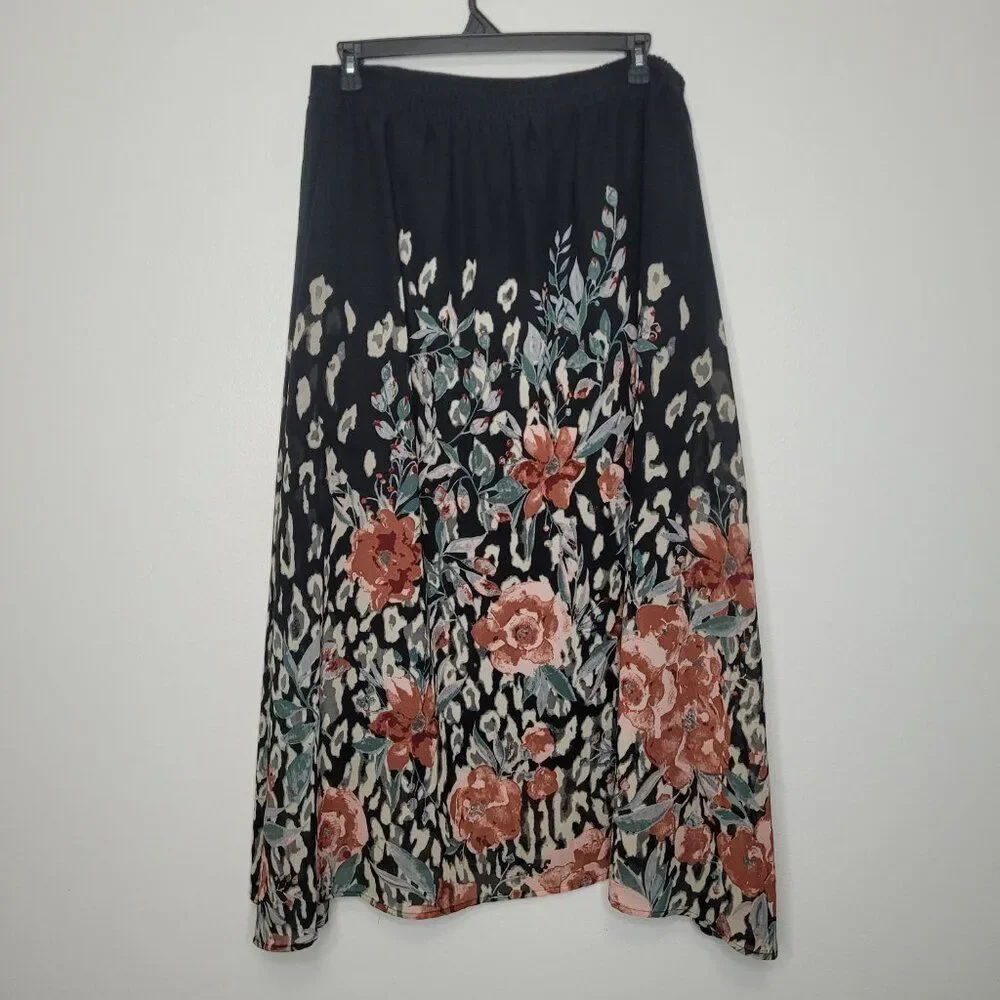 Chances R black red flower artsy grunge poetic cottage pull on skirt size xl